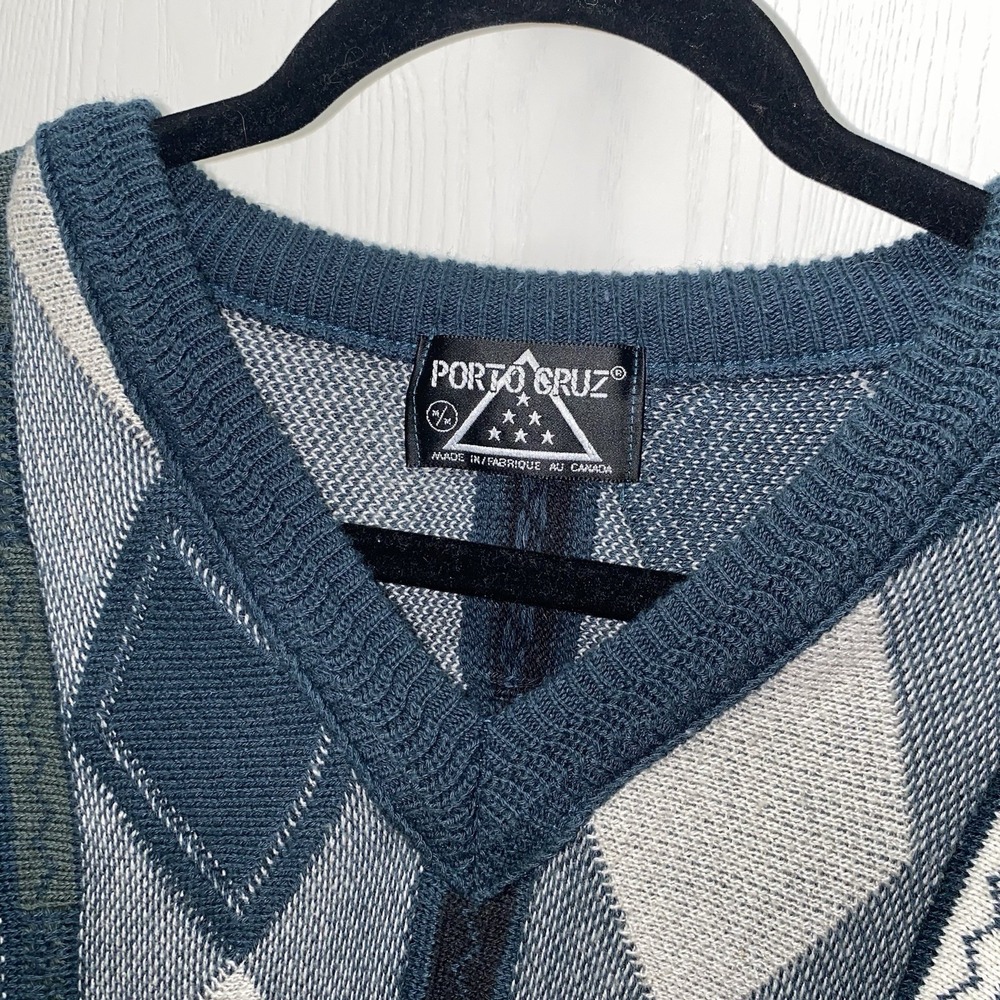 Vintage Portocruz‎ V-Neck Teal Grey Argyle Knit Sweater Art Medium - Picture 3 of 14
